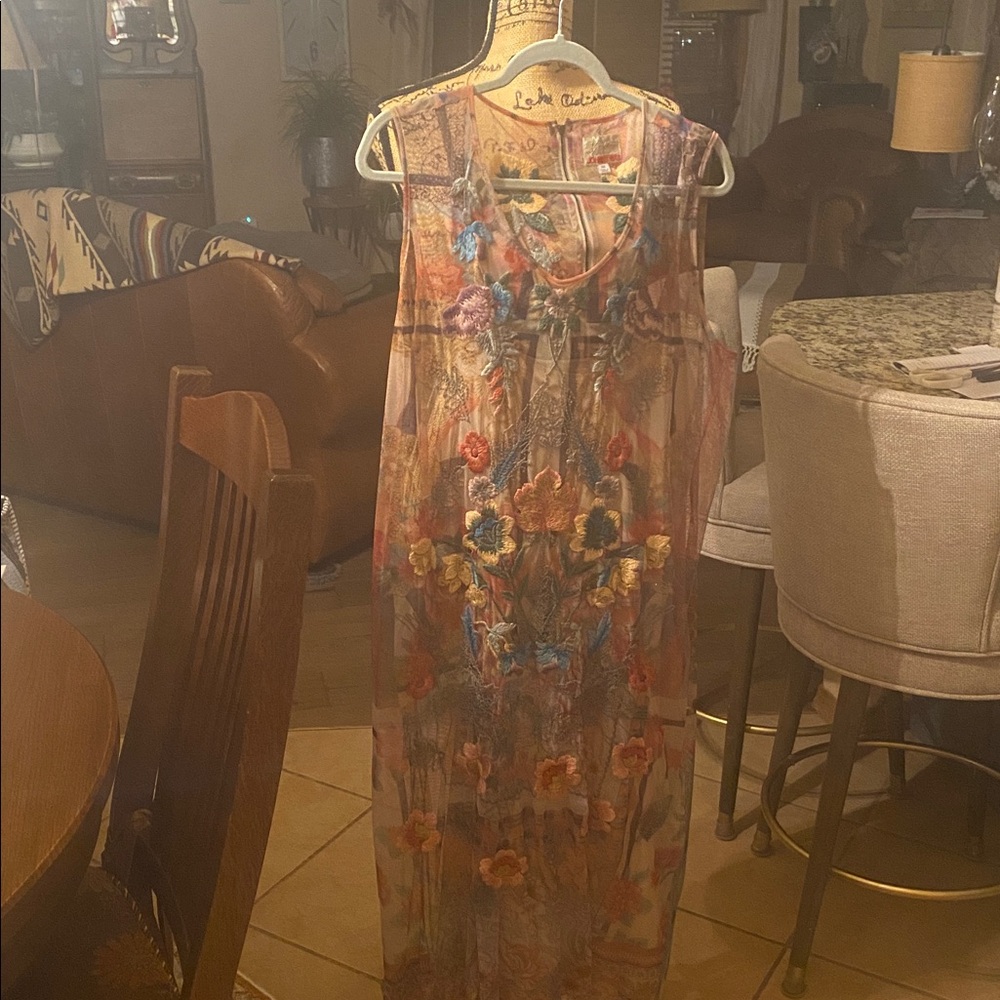 Johnny Was Sheer Floral Midi Dress in Blue, Pink and Cream - Picture 9 of 10